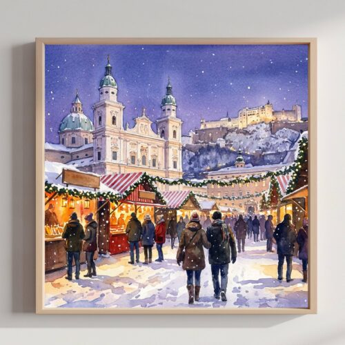 Salzburg Austria Christmas Market Watercolor Print: Square Christmas Travel Art Poster