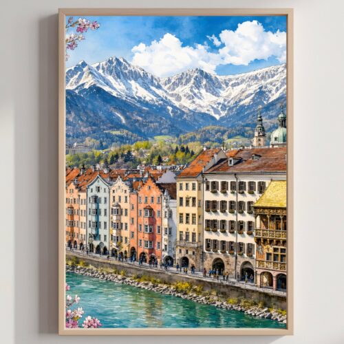 Golden Roof Innsbruck Austria Watercolor Print: Alpine Travel Art Poster