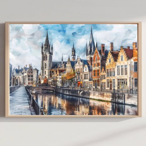 Ghent Belgium Watercolor Print: Europe Travel Art Poster