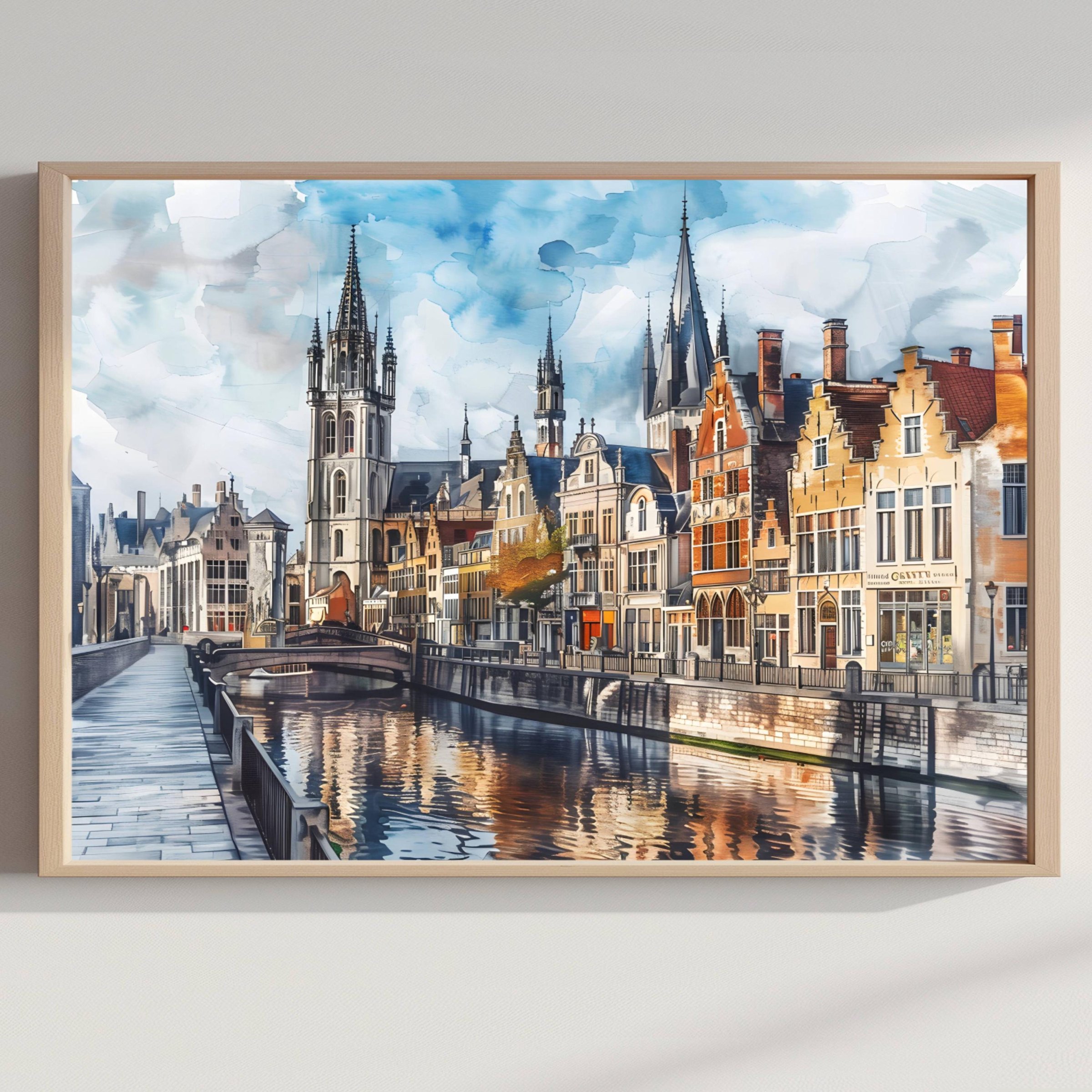 Ghent Belgium Watercolor Print: Europe Travel Art Poster