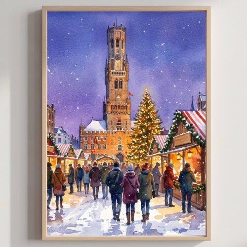 Bruges Belgium Christmas Market Watercolor Print: Christmas Travel Art Poster