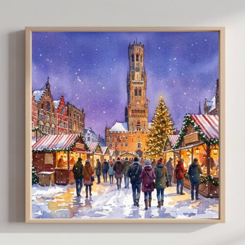 Bruges Belgium Christmas Market Watercolor Print: Square Christmas Travel Art Poster