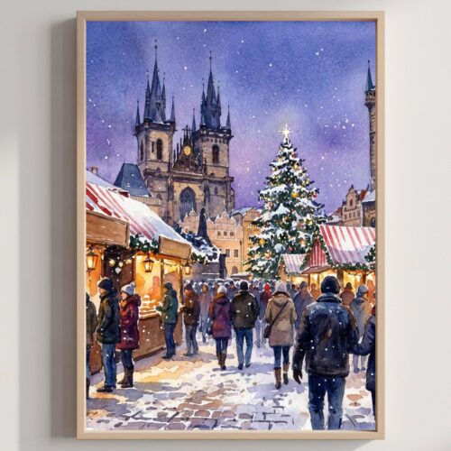 Prague Czech Republic Christmas Market Watercolor Print: Christmas Travel Art Poster