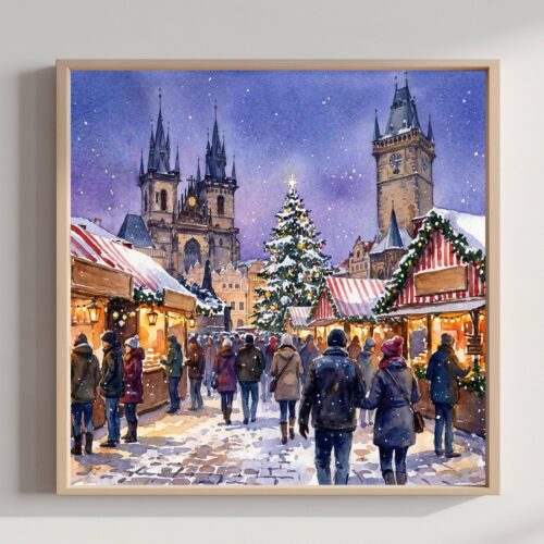 Prague Czech Republic Christmas Market Watercolor Print: Square Christmas Travel Art Poster