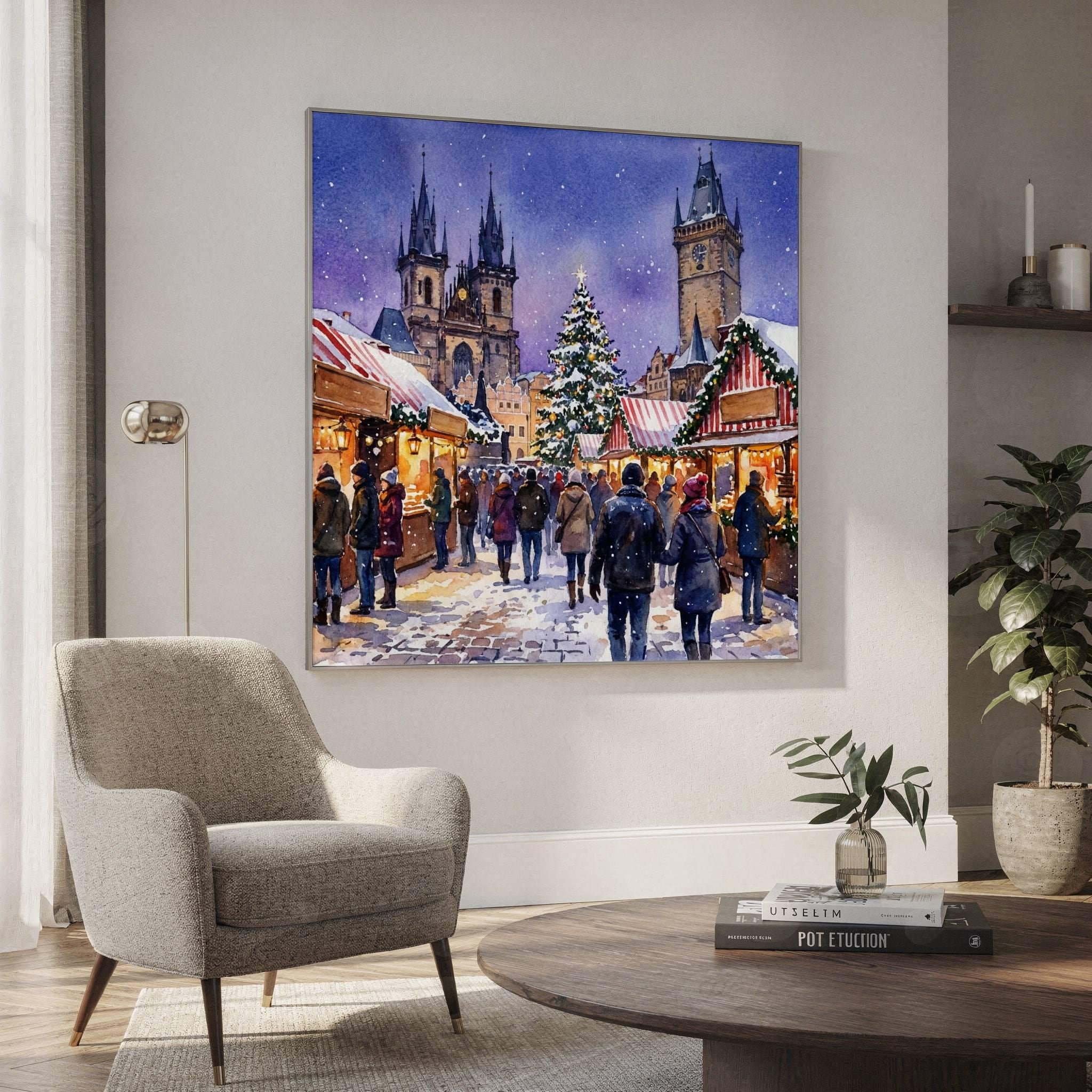 Prague Czech Republic Christmas Market Watercolor Print: Square Christmas Travel Art Poster - Image 2