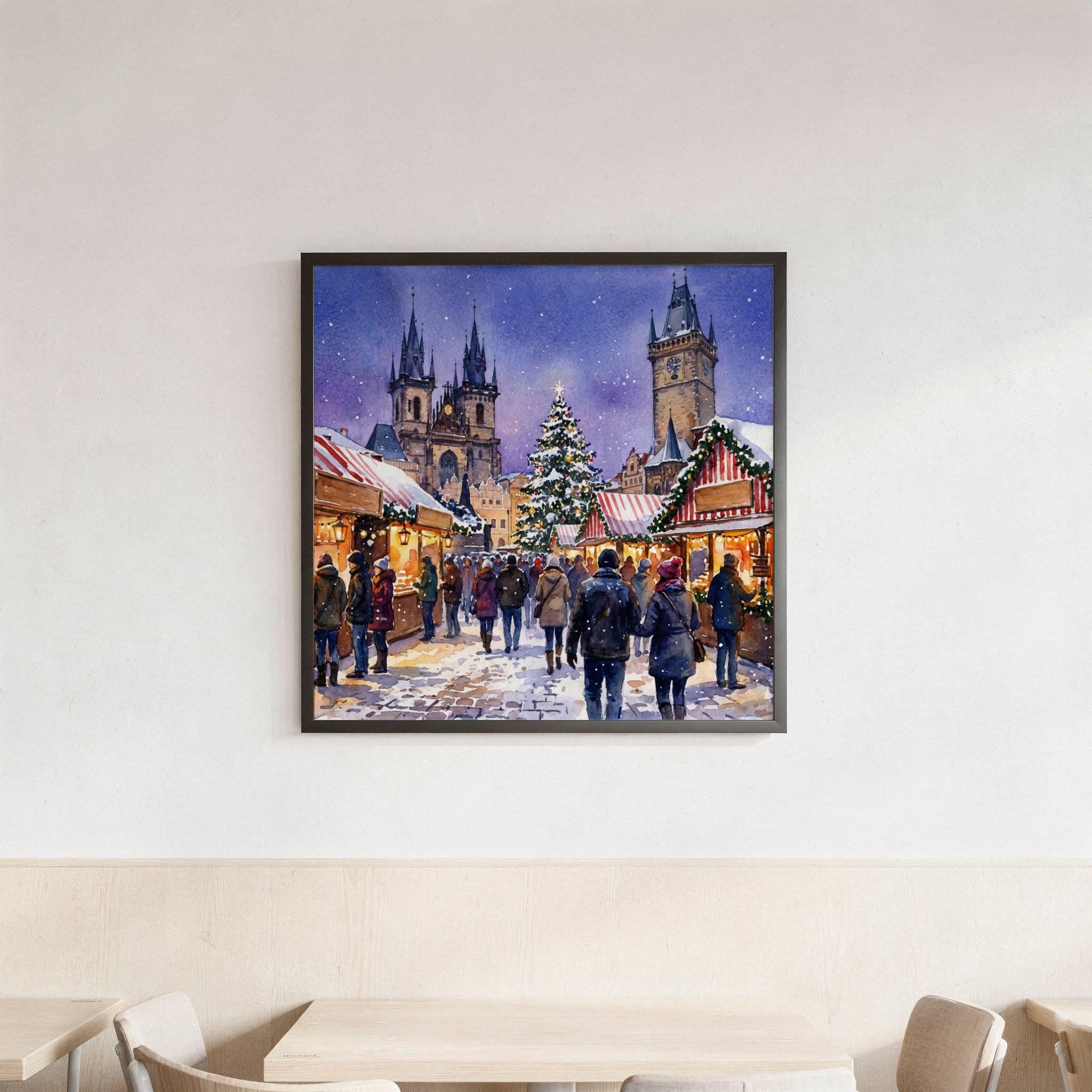 Prague Czech Republic Christmas Market Watercolor Print: Square Christmas Travel Art Poster - Image 3