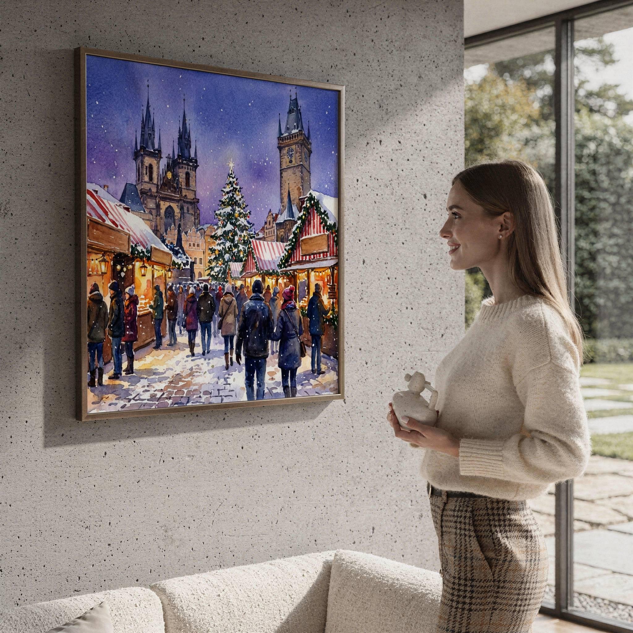 Prague Czech Republic Christmas Market Watercolor Print: Square Christmas Travel Art Poster - Image 4