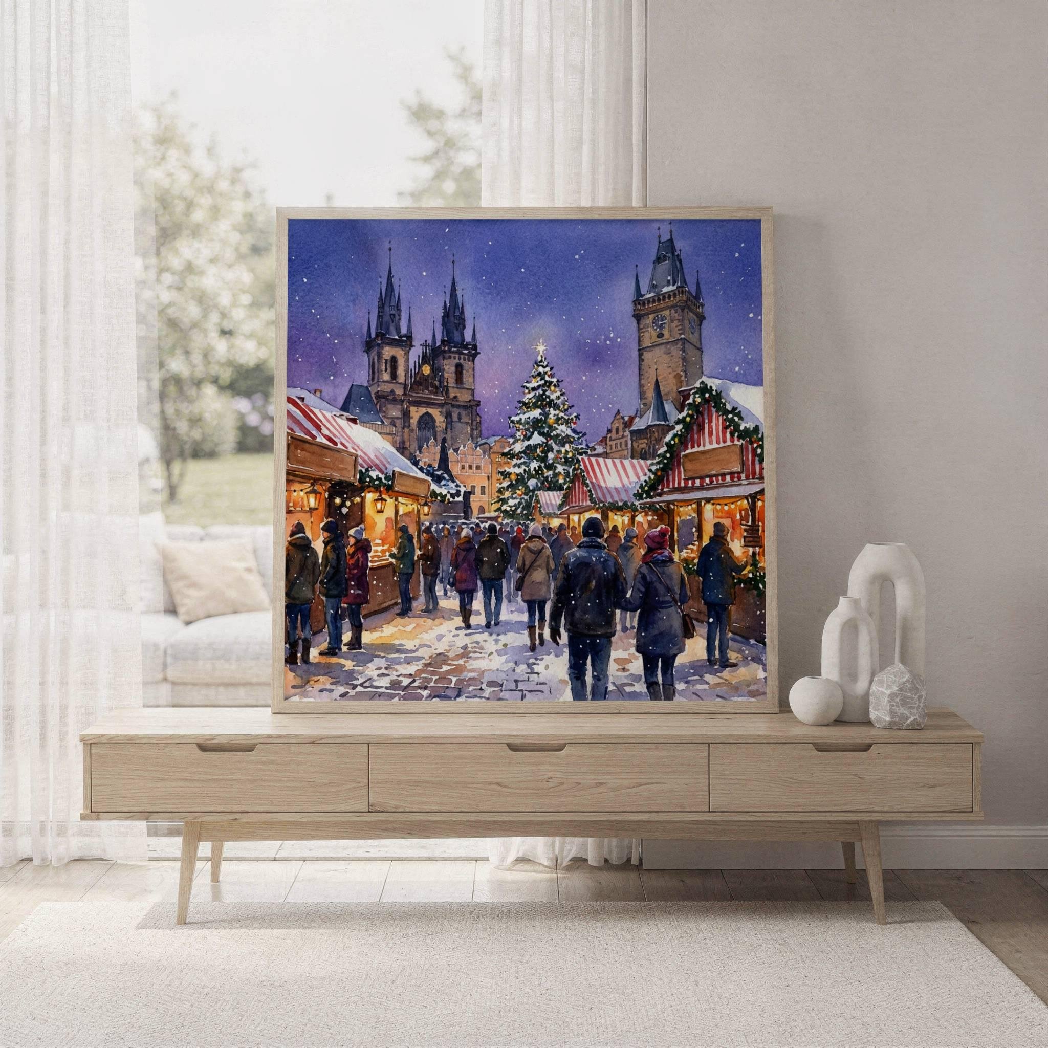 Prague Czech Republic Christmas Market Watercolor Print: Square Christmas Travel Art Poster - Image 7