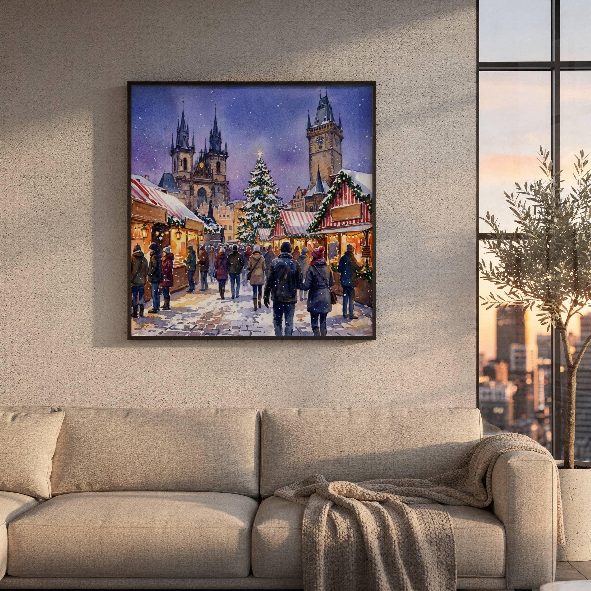 Prague Czech Republic Christmas Market Watercolor Print: Square Christmas Travel Art Poster - Image 8