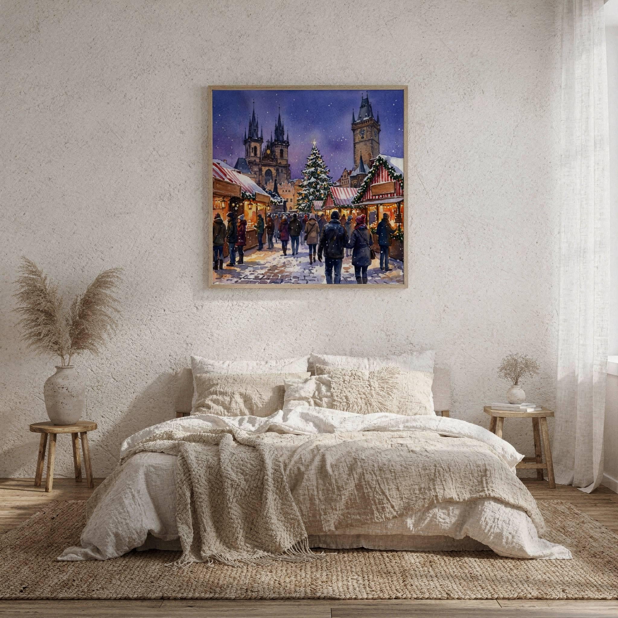 Prague Czech Republic Christmas Market Watercolor Print: Square Christmas Travel Art Poster - Image 9