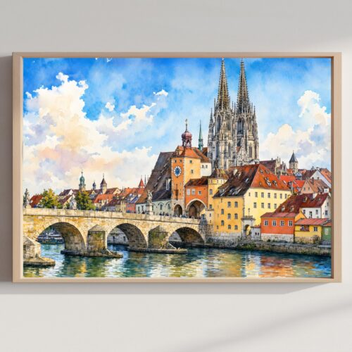 Regensburg Stone Bridge Bavaria Germany Watercolor Print: Europe Travel Art Poster