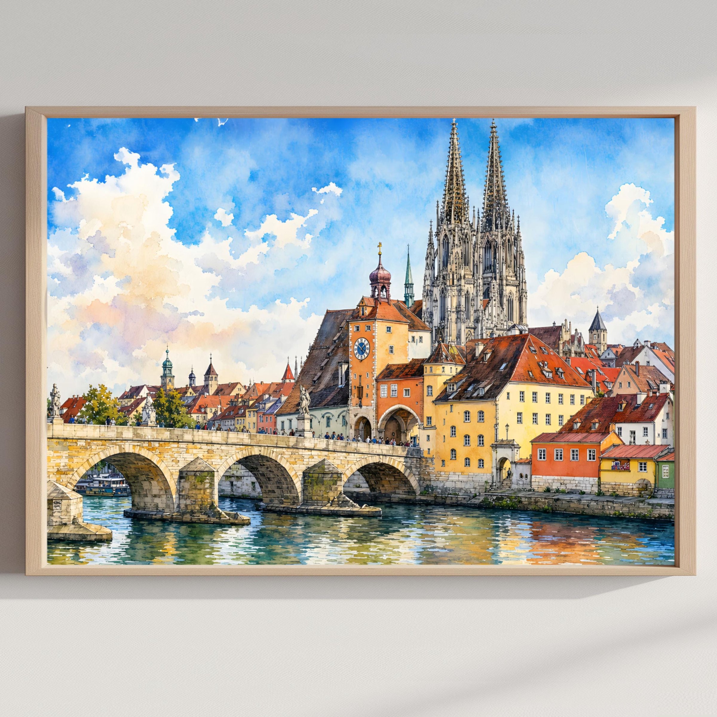 Regensburg Stone Bridge Bavaria Germany Watercolor Print: Europe Travel Art Poster