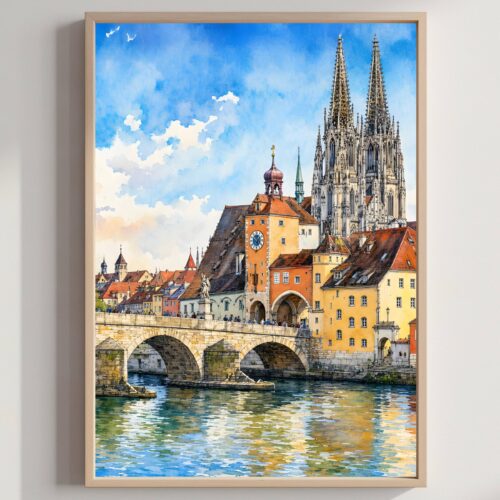 Regensburg Stone Bridge Germany Watercolor Print: Bavaria Travel Art Poster