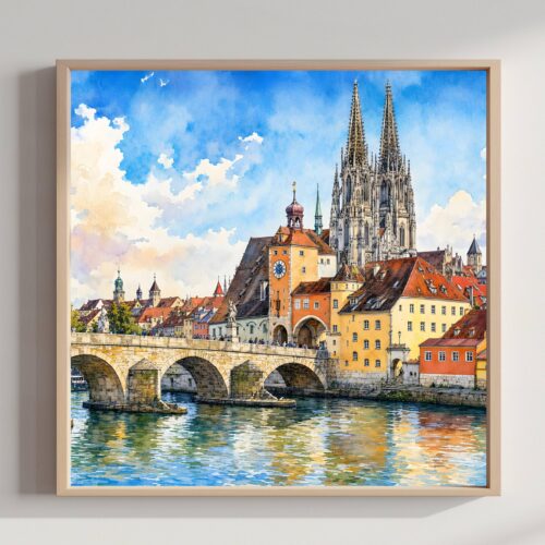 Regensburg Stone Bridge Bavaria Germany Watercolor Print: Square Travel Art Poster