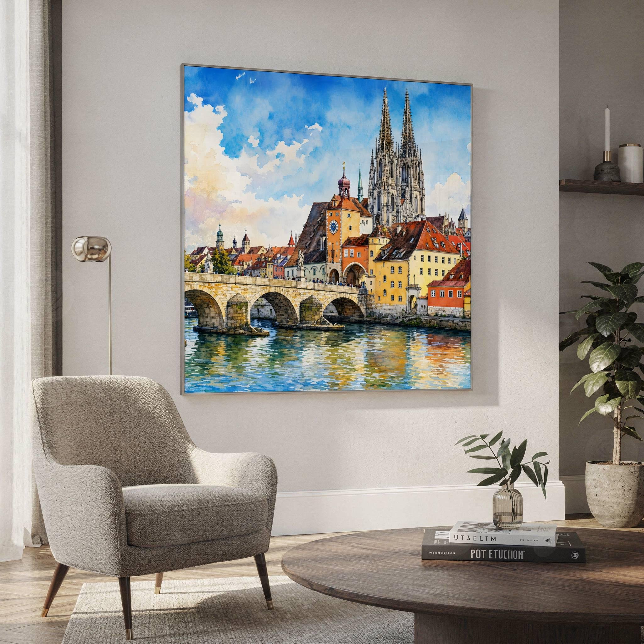 Regensburg Stone Bridge Bavaria Germany Watercolor Print: Square Travel Art Poster - Image 2