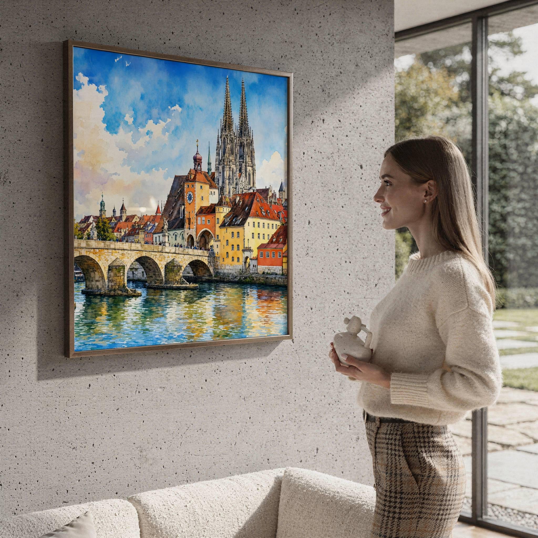 Regensburg Stone Bridge Bavaria Germany Watercolor Print: Square Travel Art Poster - Image 4