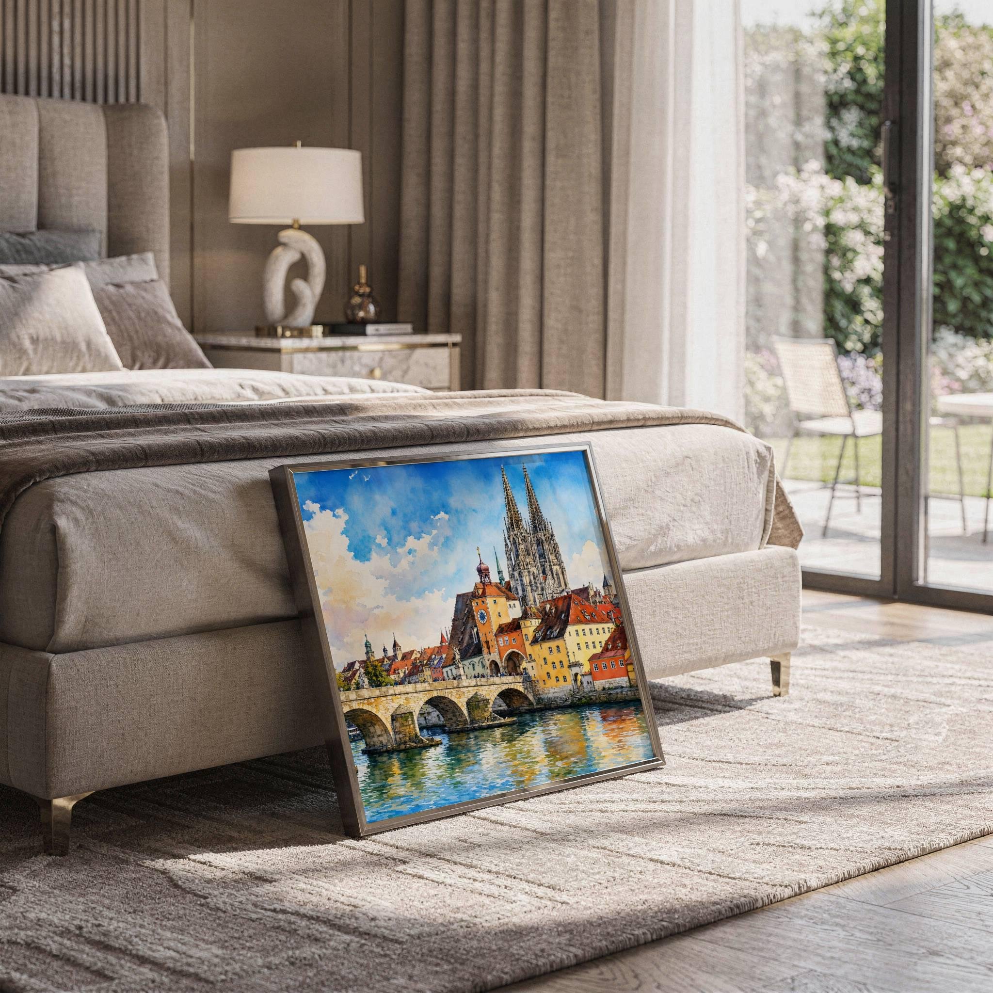 Regensburg Stone Bridge Bavaria Germany Watercolor Print: Square Travel Art Poster - Image 5