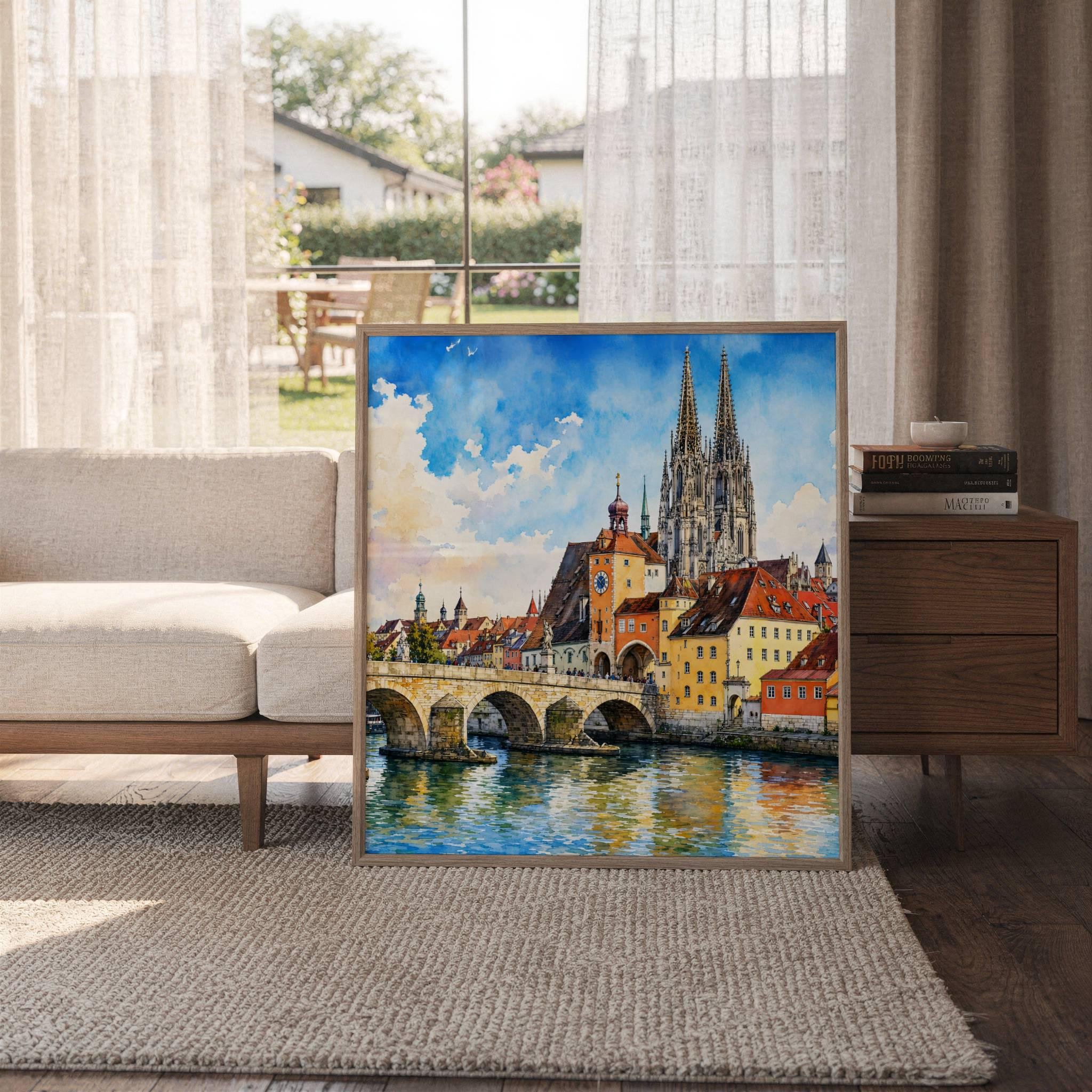 Regensburg Stone Bridge Bavaria Germany Watercolor Print: Square Travel Art Poster - Image 6