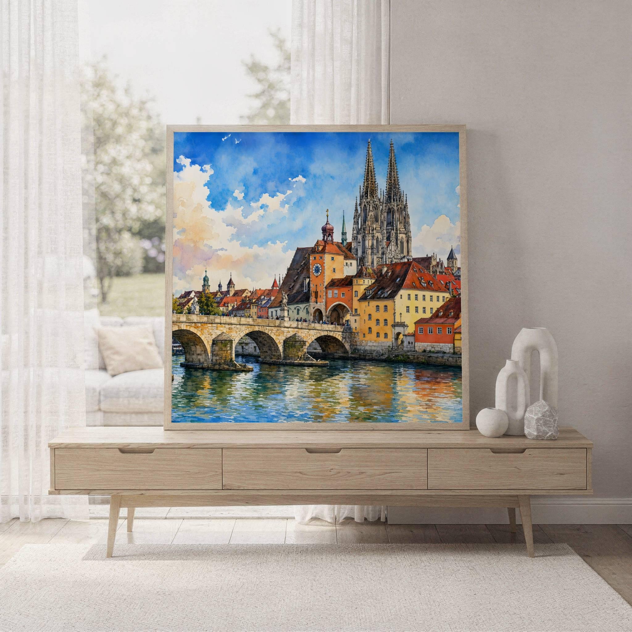 Regensburg Stone Bridge Bavaria Germany Watercolor Print: Square Travel Art Poster - Image 7
