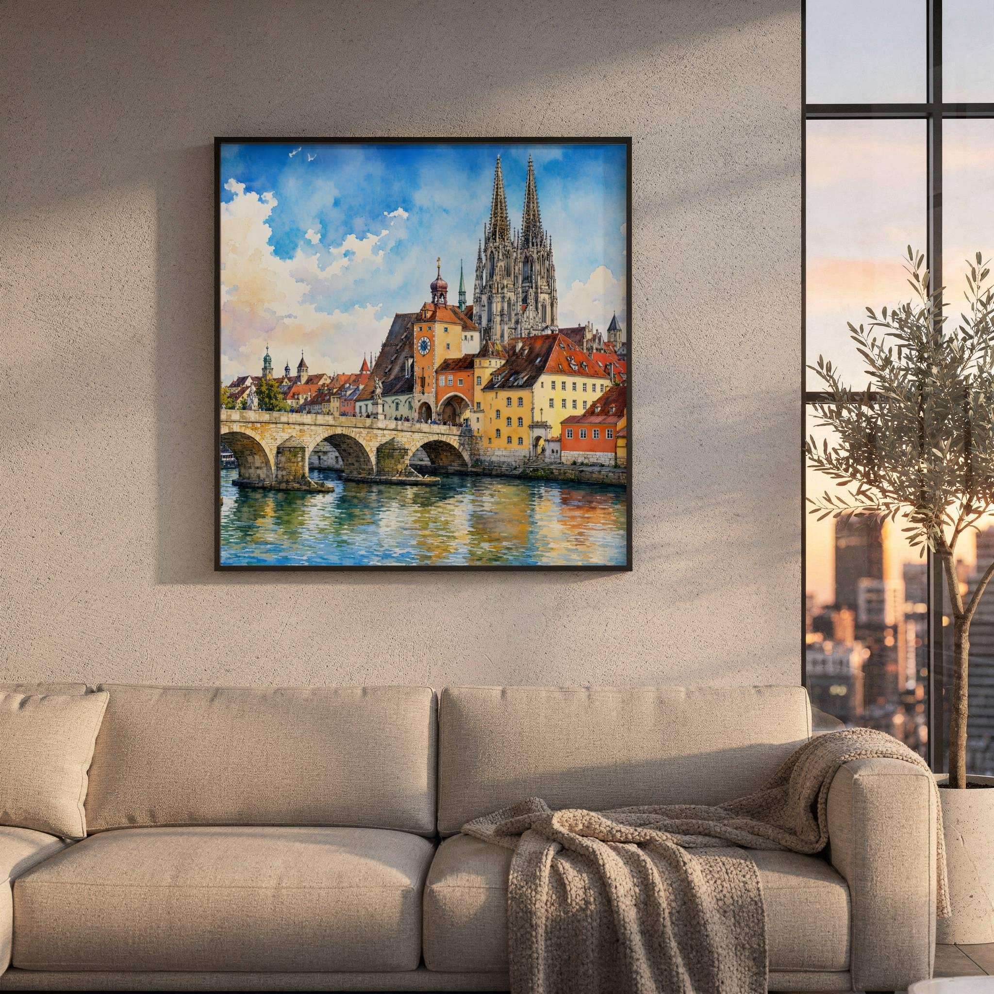Regensburg Stone Bridge Bavaria Germany Watercolor Print: Square Travel Art Poster - Image 8