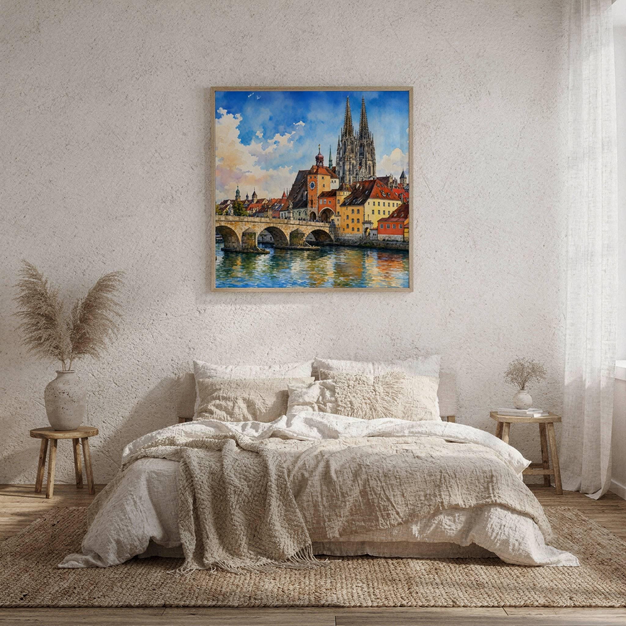 Regensburg Stone Bridge Bavaria Germany Watercolor Print: Square Travel Art Poster - Image 9