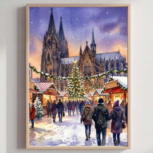 Cologne Germany Christmas Market Watercolor Print: Christmas Travel Art Poster