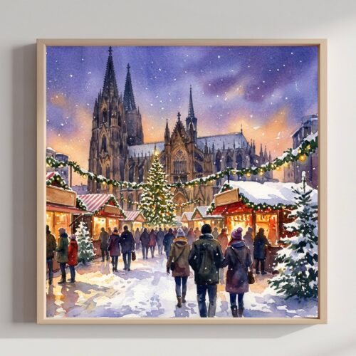 Cologne Germany Christmas Market Watercolor Print: Square Christmas Travel Art Poster