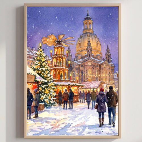 Dresden Germany Christmas Market Watercolor Print: Christmas Travel Art Poster