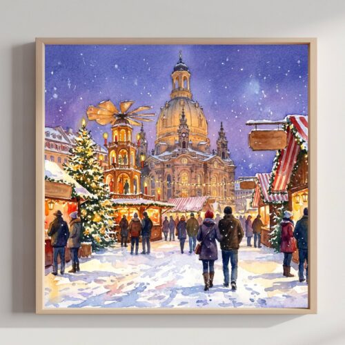 Dresden Germany Christmas Market Watercolor Print: Square Christmas Travel Art Poster