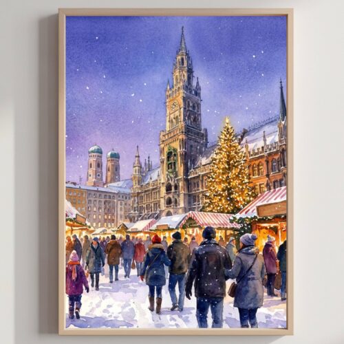 Munich Germany Marienplatz Christmas Market Watercolor Print: Christmas Travel Art Poster