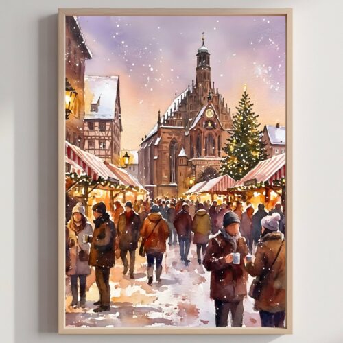 Nuremberg Germany Christmas Market Watercolor Print: Christmas Travel Art Poster