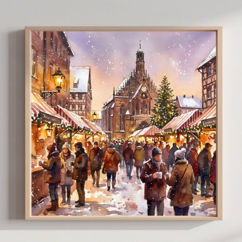 Nuremberg Germany Christmas Market Watercolor Print: Square Christmas Travel Art Poster