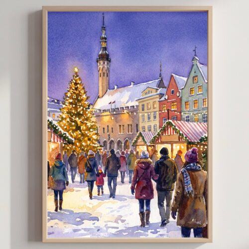 Tallinn Estonia Christmas Market Watercolor Print: Christmas Travel Art Poster