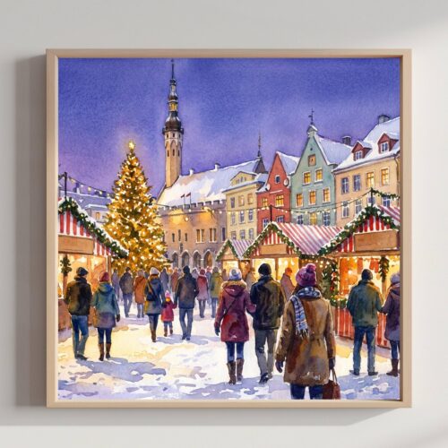 Tallinn Estonia Christmas Market Watercolor Print: Square Christmas Travel Art Poster
