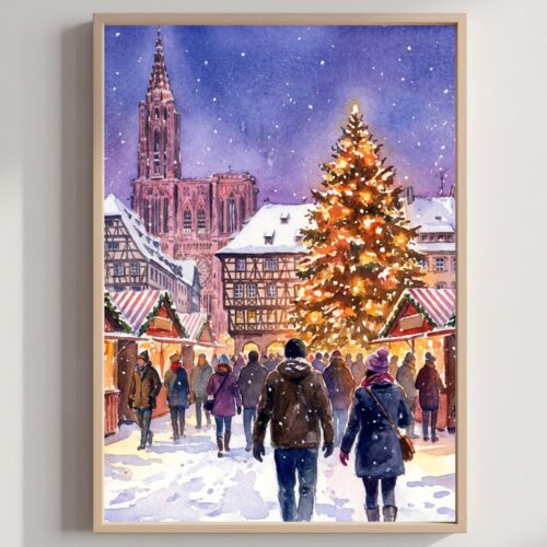 Strasbourg France Christmas Market Watercolor Print: Christmas Travel Art Poster