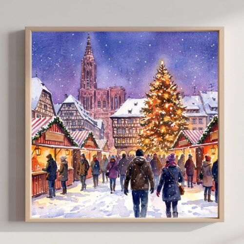 Strasbourg France Christmas Market Watercolor Print: Square Christmas Travel Art Poster