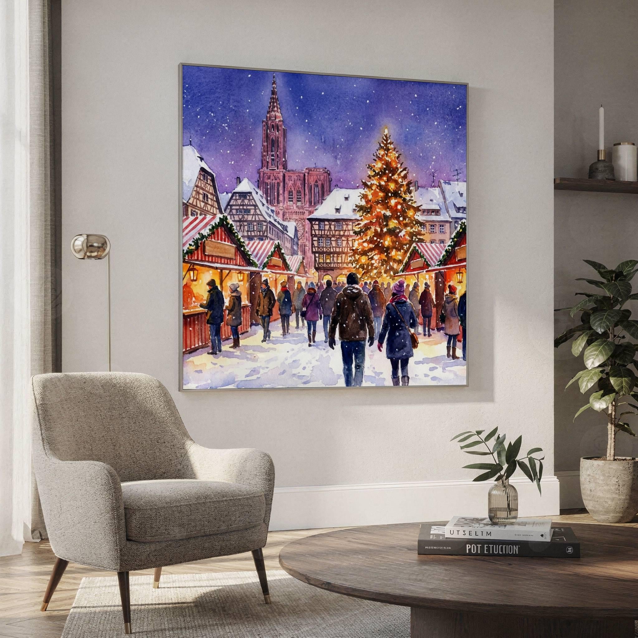 Strasbourg France Christmas Market Watercolor Print: Square Christmas Travel Art Poster - Image 2
