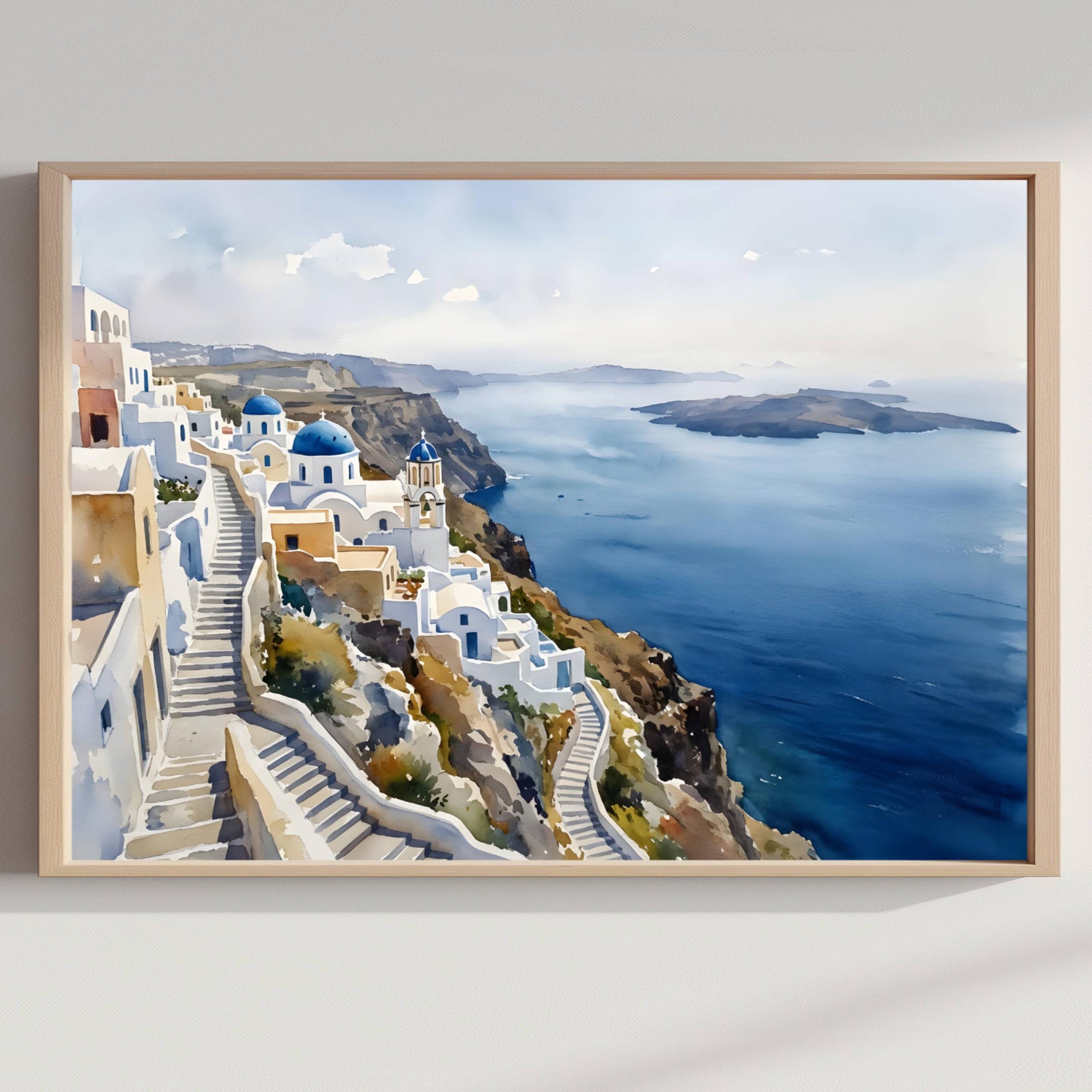 Santorini Island Greece Watercolor Print: Vacation Travel Art Poster