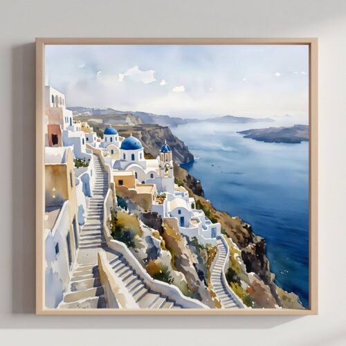 Santorini Caldera Blue Dome Greece Watercolor Print: Europe Travel Art Poster