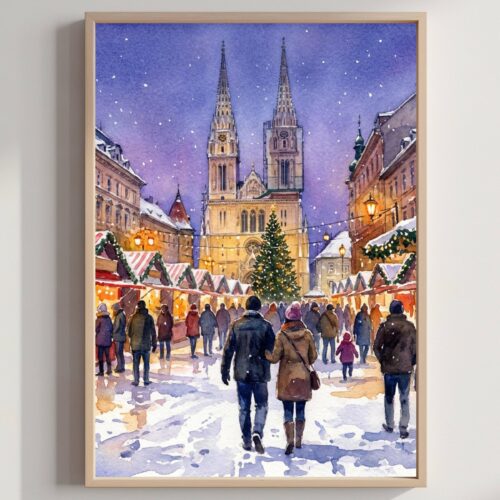 Zagreb Croatia Christmas Market Watercolor Print: Christmas Travel Art Poster