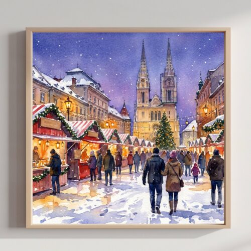 Zagreb Croatia Christmas Market Watercolor Print: Square Christmas Travel Art Poster