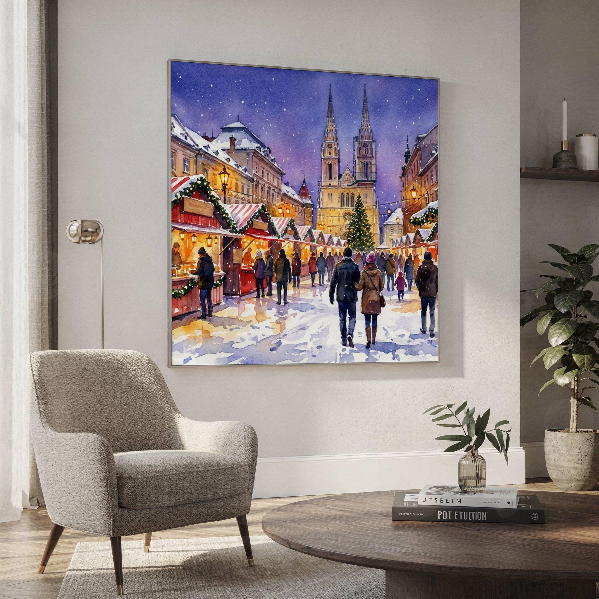Zagreb Croatia Christmas Market Watercolor Print: Square Christmas Travel Art Poster - Image 2