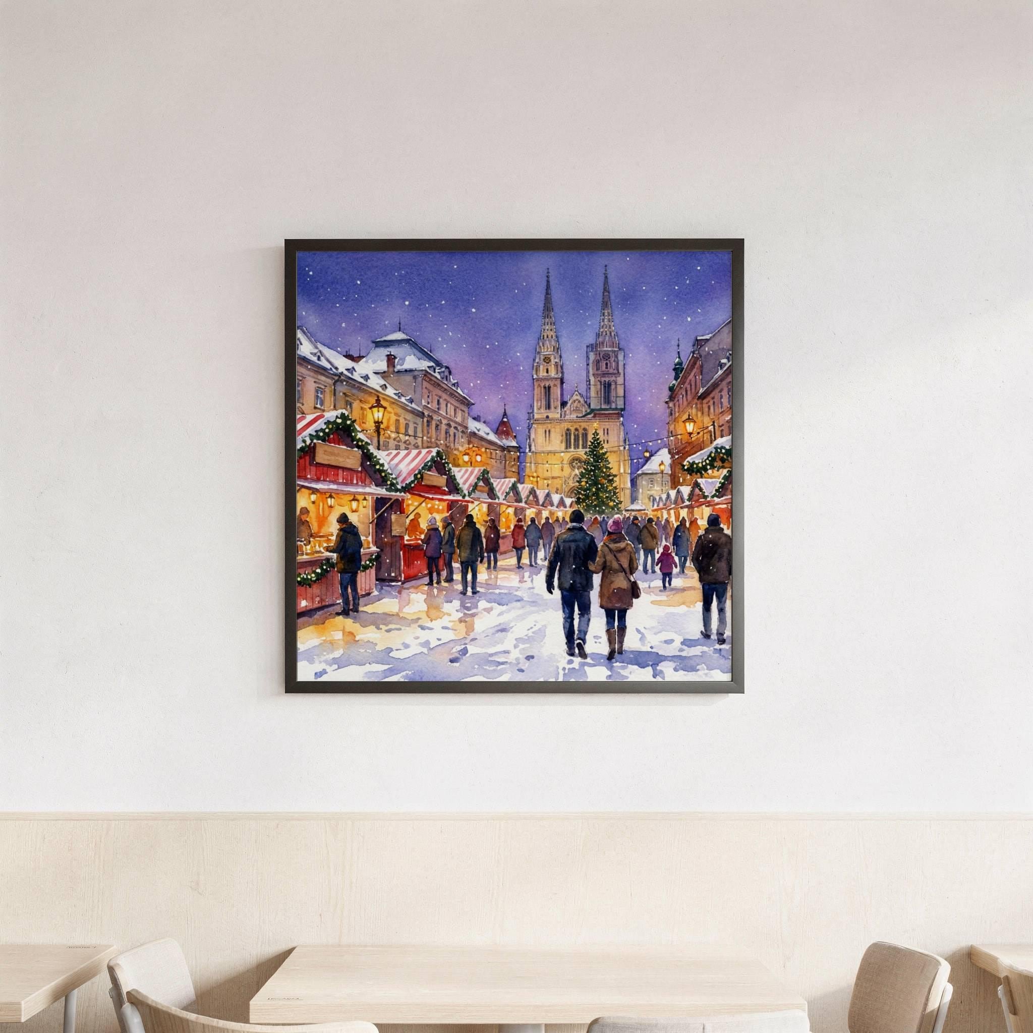 Zagreb Croatia Christmas Market Watercolor Print: Square Christmas Travel Art Poster - Image 3