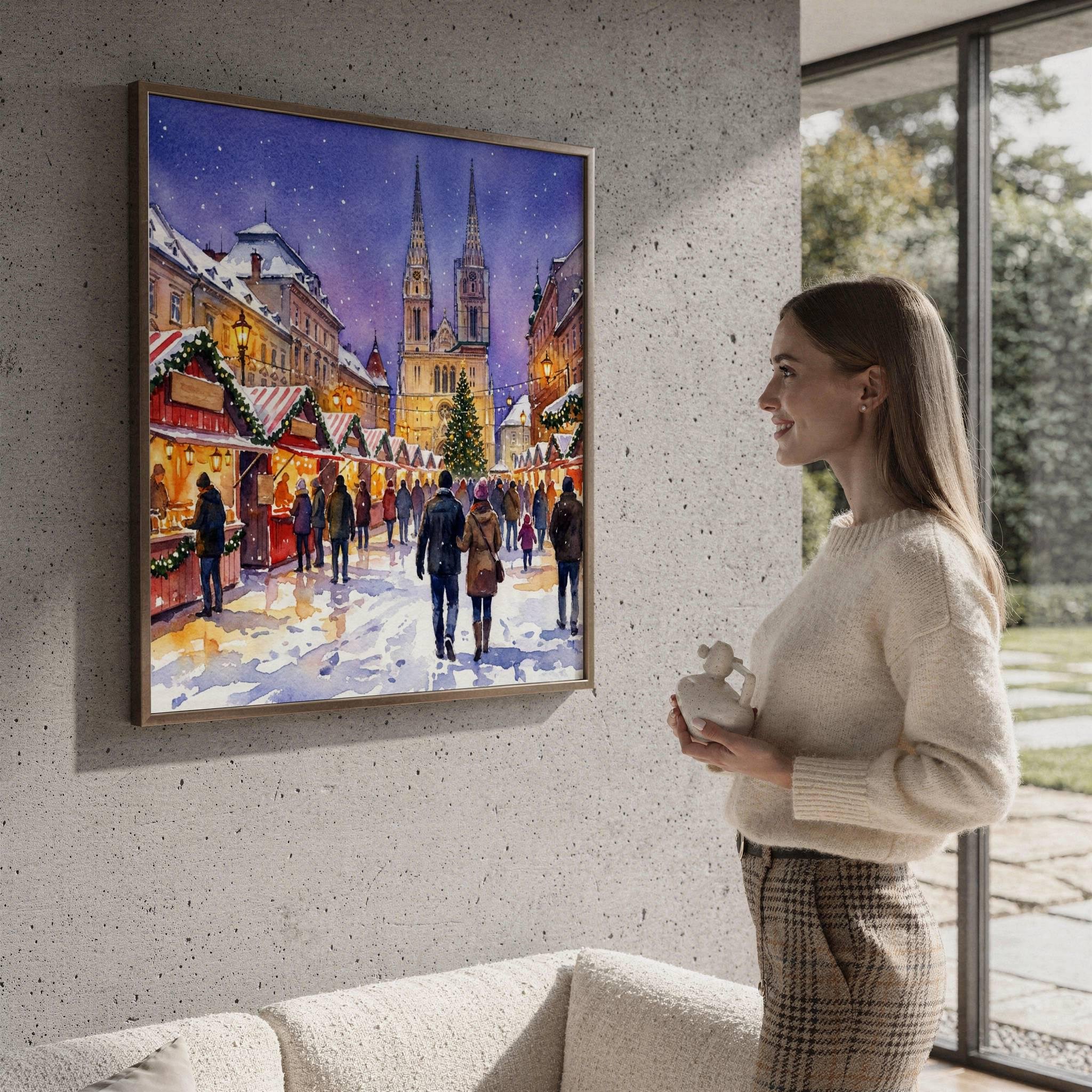 Zagreb Croatia Christmas Market Watercolor Print: Square Christmas Travel Art Poster - Image 4