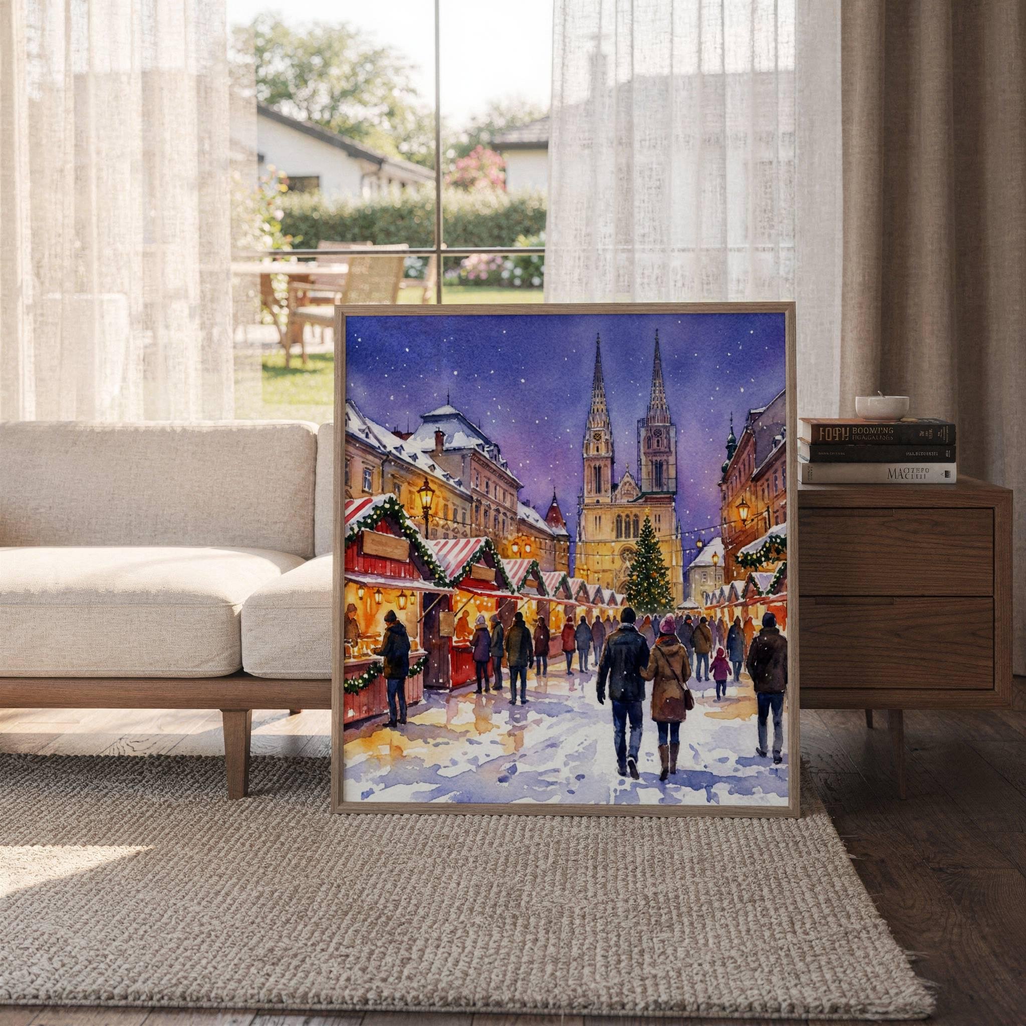 Zagreb Croatia Christmas Market Watercolor Print: Square Christmas Travel Art Poster - Image 6