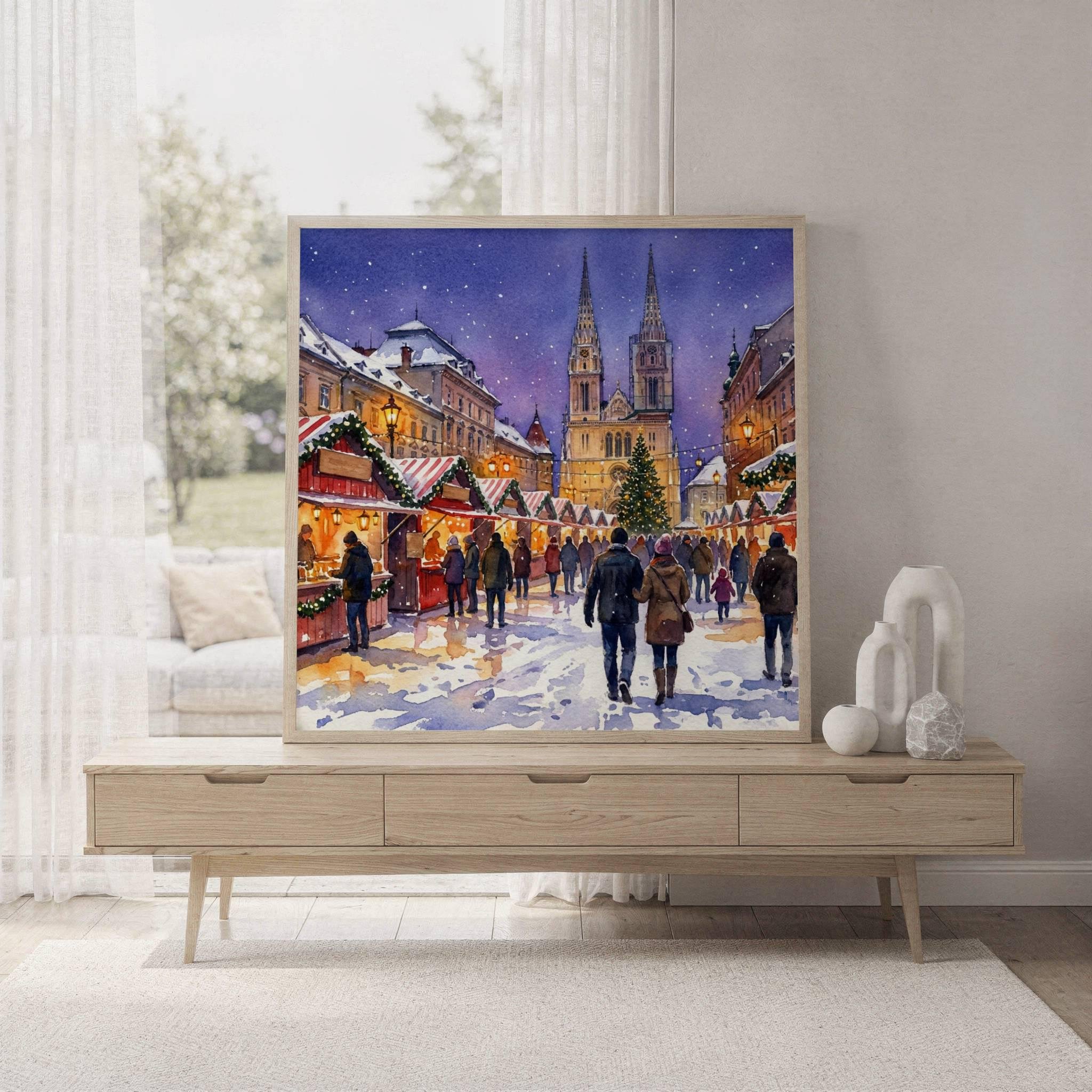 Zagreb Croatia Christmas Market Watercolor Print: Square Christmas Travel Art Poster - Image 7