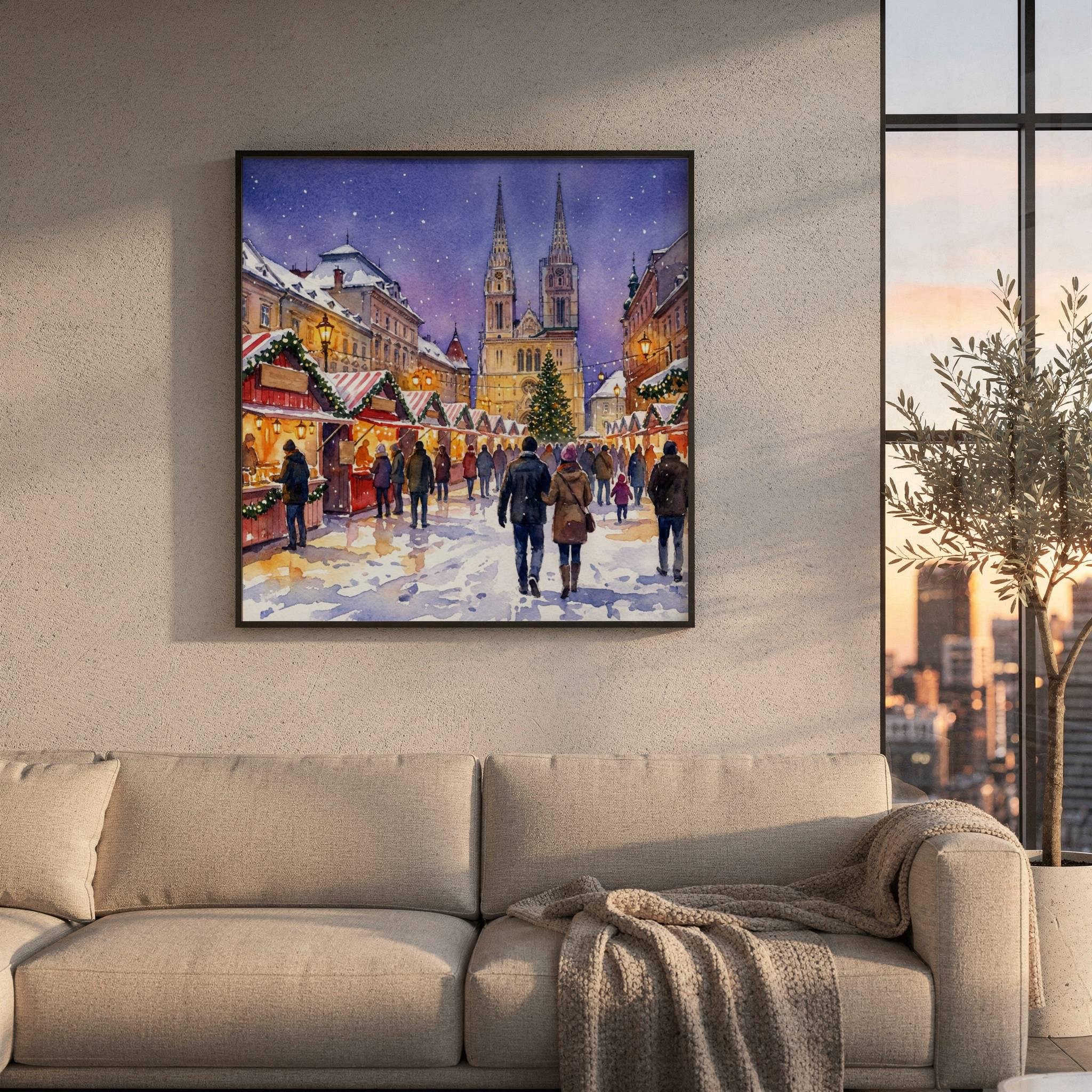 Zagreb Croatia Christmas Market Watercolor Print: Square Christmas Travel Art Poster - Image 8