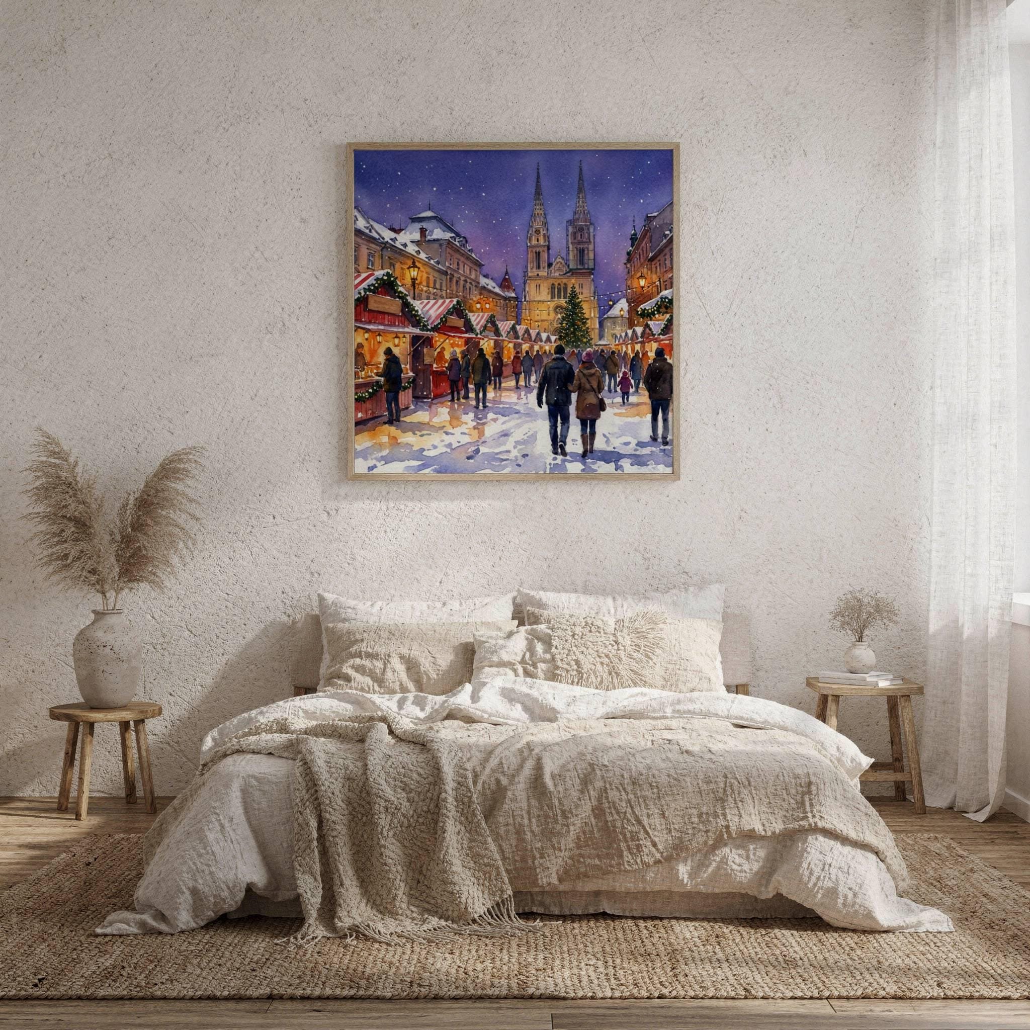 Zagreb Croatia Christmas Market Watercolor Print: Square Christmas Travel Art Poster - Image 9