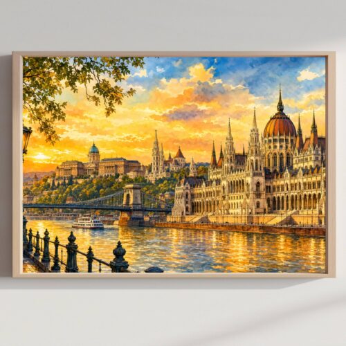 Budapest Parliament Danube Golden Hour Hungary Watercolor Print: Europe Travel Art Poster