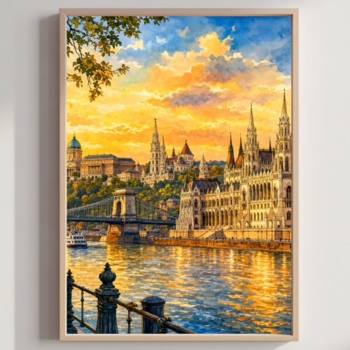 Budapest Parliament Hungary Golden Hour Watercolor Print: European Travel Art Poster